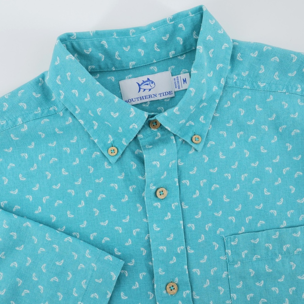 Southern Tide Linen Blend Short Sleeve Button Down Fish Paisley Teal Mens Medium - Picture 1 of 9